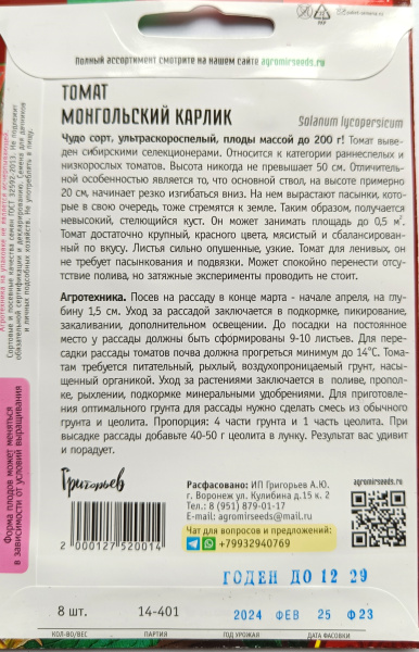 Томат Мангольский Карлик. Григорьев